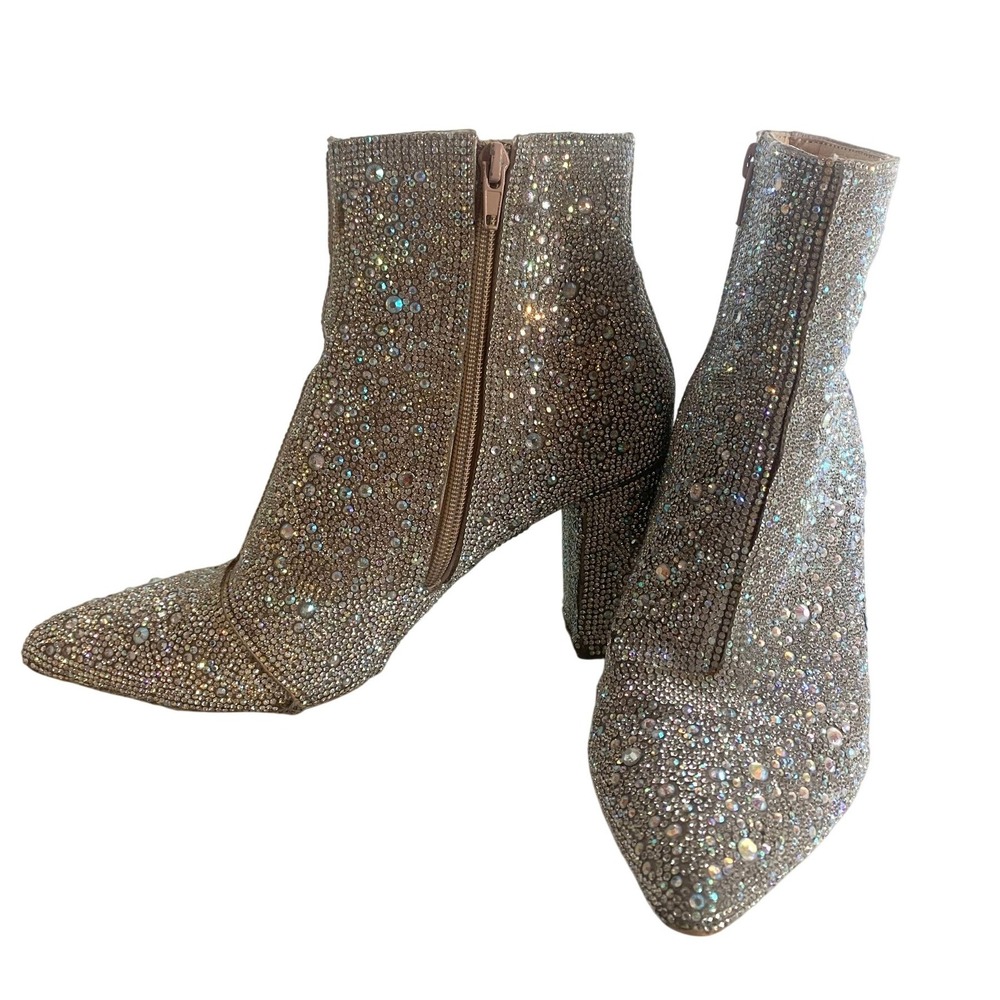 Betsey Johnson SB-Cady Rhinestone Ankle Boots Silver Champagne Block Heel 8M